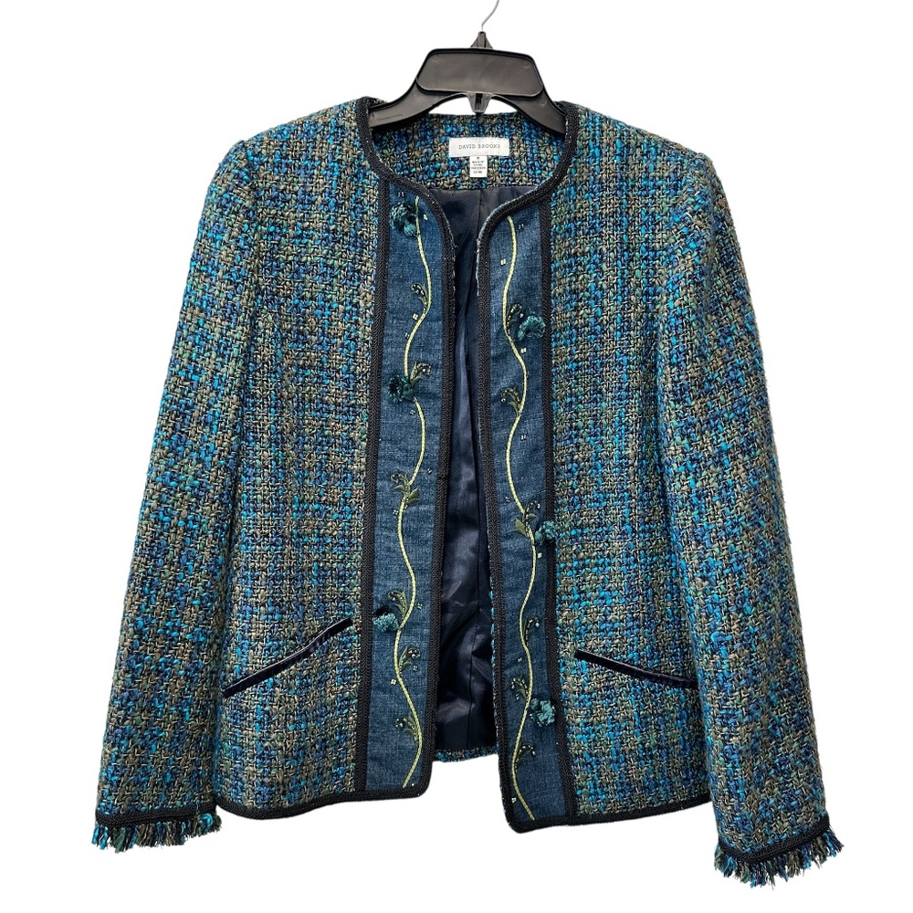 Vintage David Brooks Blue Green Tweed Fully Lined Cardigan Jacket Tassels Sz 8